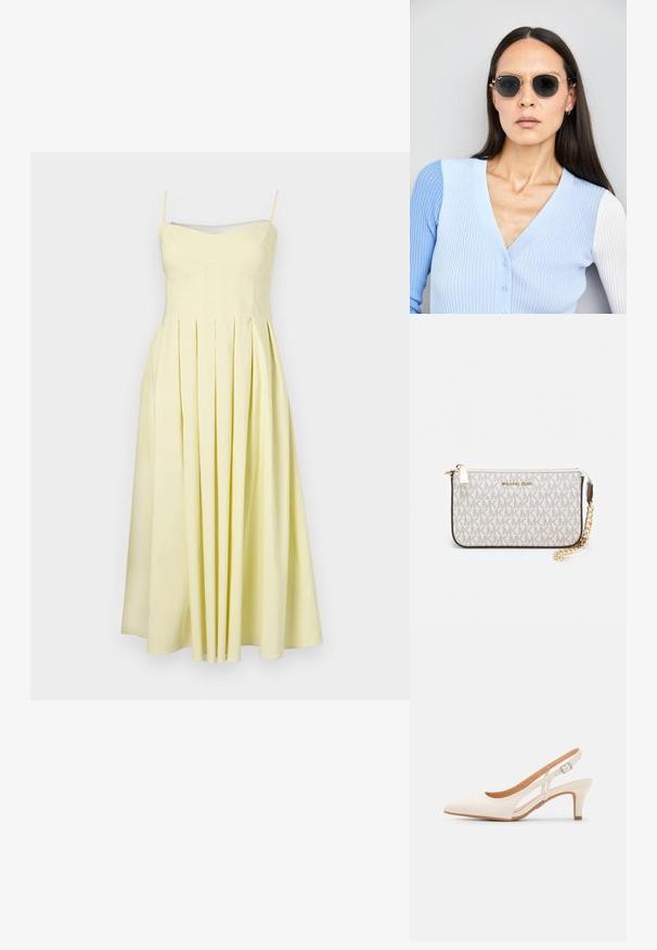 Kollane plekitud kleit reguleeritavate õlapaeltega ja sobiva rindade piirkonnaga, millel on sile tekstuur ja voolav seelikuosa, mis ulatub keskmise sääreni.; Valge slingback konts, terava ninaga, siledast ülemisest materjalist, madala ploki kontsaga ja külgse nähtavusega ning reguleeritava pandla rihmaga.; Ringikujulised prillid tumedate läätsede ja kullast raamiga. Mudel on selga pannud helesinise soonikuga kardigani, millel on nupud ja kontrastsed valged varrukad.; Michael Korsi randmevõru beige kaetud kangast, millel on korduv MK logo muster, kuldne riistvara ja eemaldatav ahelistrap.