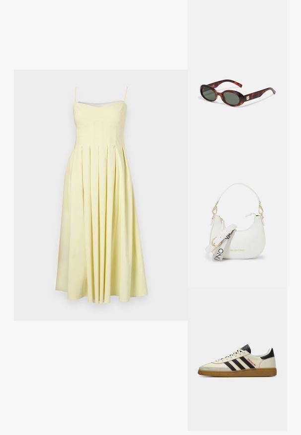 Keltainen pleasattu mekko, jossa on säädettävät spaghetti-hihnat ja hyvin istuva yläosa. Mekossa on sileä rakenne ja liehuva hame, joka ulottuu puoliväliin pohkeita.; Kreemi ja mustad Adidas Spezial tossud, millel on kummist talla, mustad triibud, punane õmblus ja "Spezial" bränding küljel.; Kilpikonnakuoriset aurinkolasit, joissa on tummat linssit, soikea muoto ja leveät sankat. Sivussa on pieni kultainen yksityiskohta. Sujuva muovimateriaali.; Valkoinen käsilaukku kaarevalla siluetilla, teksturoitua nahkaa, kultaisia yksityiskohtia ja irrotettava olkahihna, jossa on logo ja solkiyksityiskohta.