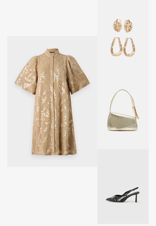 Abito beige con maniche a sbuffo corte, ricoperto da un motivo a catena metallica. Presenta un colletto alto e una chiusura a bottoni frontale. Texture del tessuto liscia.; Scarpa slingback in vernice nera con punta affusolata, cinturini alla caviglia con fibbie in argento e accessori, e tacco sottile.; Borsa a mano metallica dorata con un design strutturato, superficie liscia e tracolla regolabile. Presenta una forma triangolare unica e cuciture minimaliste.; Orecchini in tono oro caratterizzati da forme ondulate eTexture. Comprendono chiusure clip-on scultoree e un design a cerchio aperto con finitura martellata.