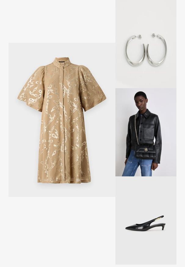 Beige mekko, jossa on lyhyet puffi-hihat, peitetty metallisella ketjumallilla. Siinä on korkeapääntie ja etuläpivienti. Silkkinen kankaan rakenne.; Mustat nahkaiset slingback-korkokengät, joissa on terävä kärki, ohuet korot ja kultasävytteinen yksityiskohta säädettävässä hihnassa. Silkkinen pinta.; Mustat nahkatakki, jossa on napitus ja kaksi etutaskua, yhdistetty mustaan tikattuun käsilaukkuun, jossa on kultainen lukko ja ketjuolkaimet.; Hope hopeista, joissa on sileä, kaareva muotoilu. Varustettu kiiltävällä metallipinnoitteella ja nappikiinnityksellä. Ei näkyviä kuvioita tai koristeluja.