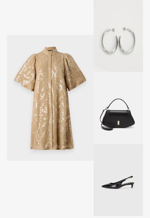 Abito beige con maniche a sbuffo corte, ricoperto da un motivo a catena metallica. Presenta un colletto alto e una chiusura a bottoni frontale. Texture del tessuto liscia.; Tacchi slingback in pelle nera con punta affusolata, caratterizzati da un tacco alto e un accento dorato sulla cinghia regolabile. Texture liscia.; Borsa a mano in pelle nera con un design strutturato, caratterizzata da una forma corta, manico superiore e accessori in metallo dorato. Inclusa tracolla regolabile.; Orecchini a cerchio argentati con un design liscio e curvo. Presentano una finitura metallica lucida e una chiusura a perno. Nessun motivo o accentuazione visibile.