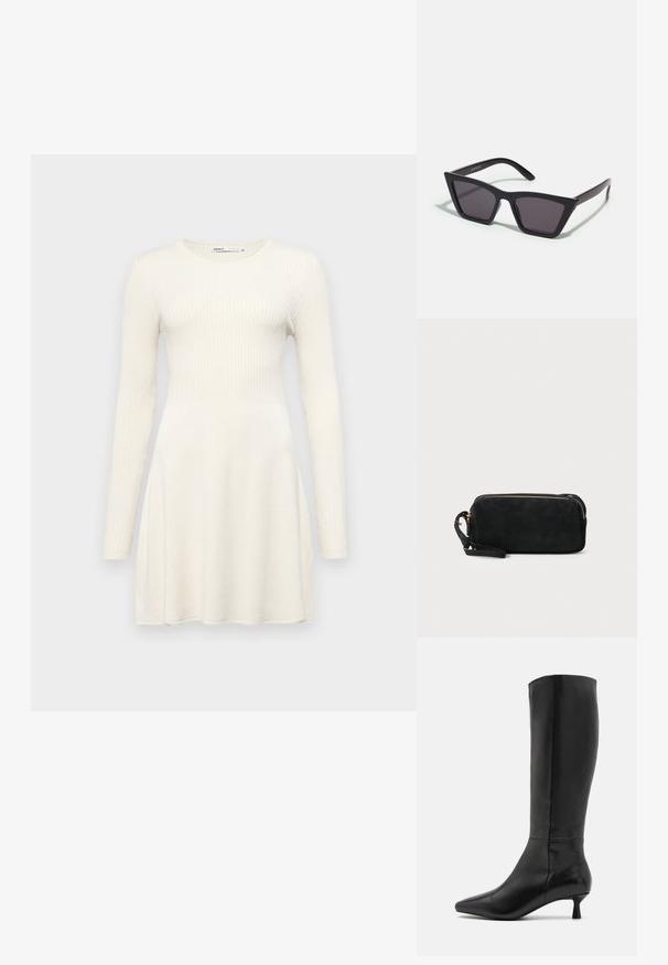 Langärmliges Kleid aus hellbeigem Rippstoff. Taillierter Oberteil mit schwingendem Rock. Rundhalsausschnitt und simples Design. Glatte Textur.; Zign Stiefel - black; Schwarze, eckige Sonnenbrille mit grauen Gläsern; aus Kunststoff gefertigt, mit dicken Bügeln, die eine glatte Oberfläche und keine sichtbaren Beschläge haben.; Schwarze Wildleder-Clutch mit einem Reißverschluss und abnehmbarem Handgelenkband. Verfügt über goldfarbene Hardware und eine glatte, matte Oberfläche.