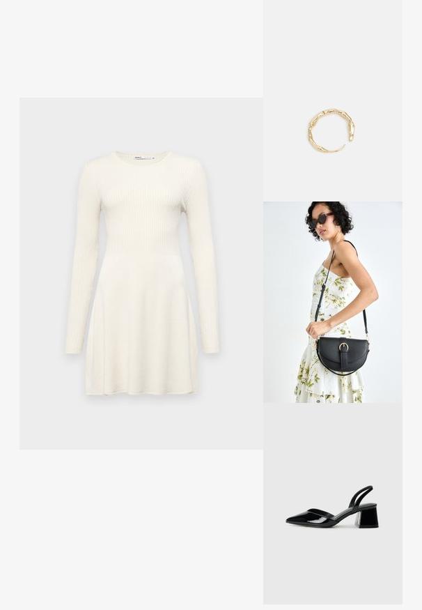 Dlhý rukáv šaty z svetlo béžovej rebrovanej tkaniny. Strihnutý živôtik s rozšírenou sukňou. Okrúhly výstrih a jednoduchý dizajn. Hladká textúra.; Čierne lakované kožené sandálové podpätky s špicatou špičkou a geometrickým blokovým podpätkom. Disponujú elegantným, minimalistickým dizajnom a hladkým povrchom.; Čierna kožená kabelka s zaobleným tvarom, odnímateľným popruhom a zlatými doplnkami. Kabelka má klopu s detailom s prackou.; Prsteň v zlatej farbe s organickým, skrúteným dizajnom, hladkým povrchom a zužujúcimi sa koncami, vytvárajúci moderný, sochársky vzhľad.