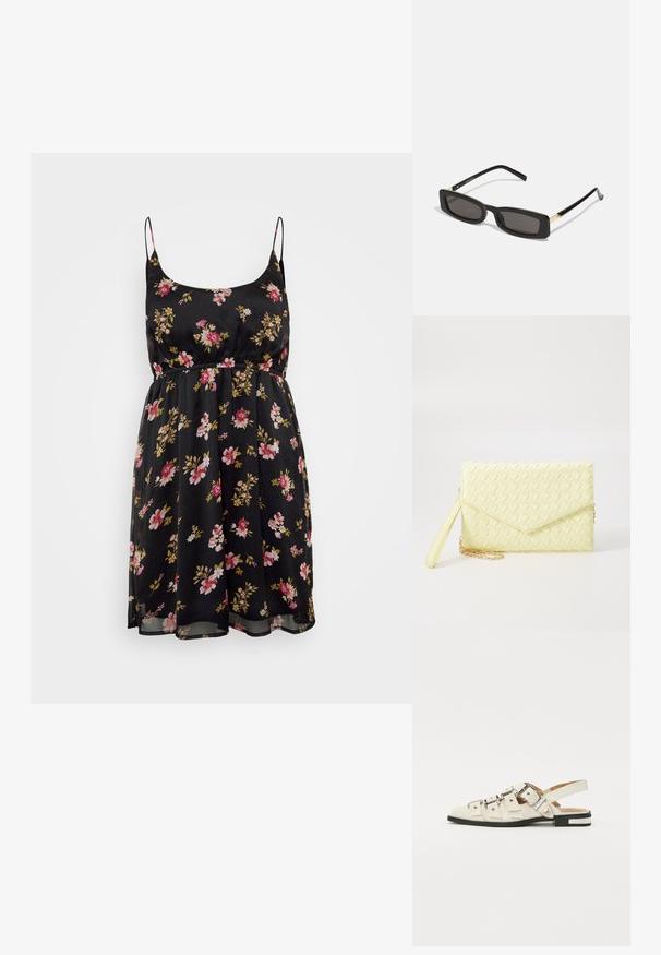 Črna cvetna obleka s tankimi naramnicami, ožjim pasom in tekočo krilo. Ima rožnate in rumene cvetove na prosojni tkanini. Poletni dizajn.; Sandal v slogu z odprtim peto v beli usnjeni obvali z več širokimi trakovi in srebrnimi zaponkami; ravni podplat z majhno črno peto in kovinskimi detajli.; Črne pravokotne sončne očala s temnimi lečami, sijajnim plastičnim okvirjem in zlatimi poudarki na ušesnih delu. Minimalistična zasnova in eleganten oblik.; Rumena pletena torbica za ključe z zapiralom, odstranljivim zapestnim trakom in zlatim verižnim poudarkom. Gladka tekstura in pravokotna oblika.; Zlate uhane v obliki obročkov z gladko, sijočo površino. Krožna zasnova s majhnim nosilcem in prozornim podplatom za varno nošenje.