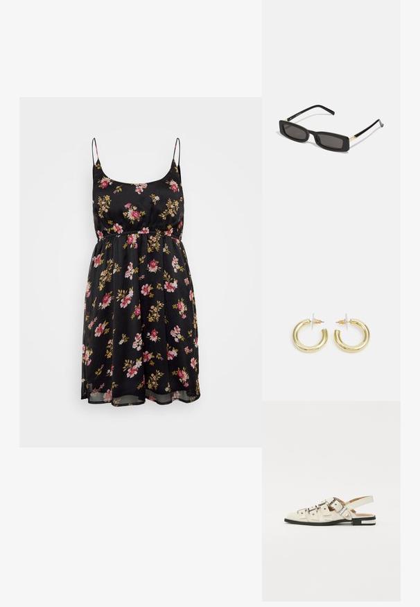 Melna ziedu kleita ar plānām siksnām, izceltu vidukli un plūstošu svārku. Tajā ir rozā un dzeltenu ziedu motīvi uz caurspīdīga auduma. Vasarīga dizaina.; Baleta sandalītes baltā ādā ar vairākiem platām siksnām un sudraba sprādzēm; plakana zole ar mazu melnu papēdi un metalizētām akcentiem.; Melnas taisnstūra saulesbrilles ar tumšiem objektīviem, spīdīgām plastikāta rāmēm un zelta akcentiem tempļos. Minimalistisks dizains un eleganta forma.; Zelta auskari ar gludu, spīdīgu apdari. Apaļš dizains, kas ietver mazu tapu un caurspīdīgu pamatni drošai valkāšanai.