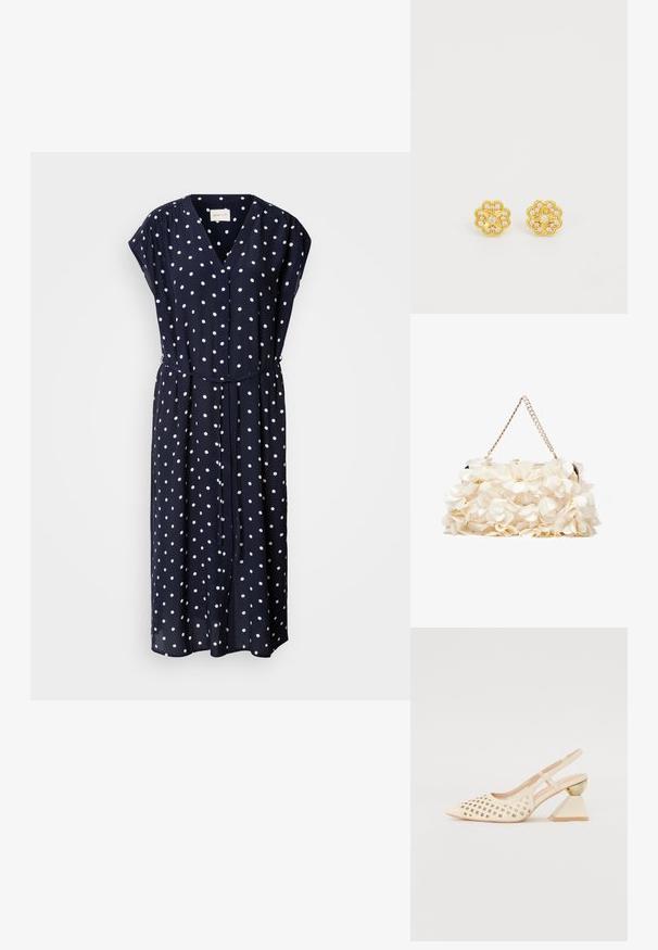 Navy blue dress with white polka dots, V-neck, short sleeves, button front, and a tied waist for an adjustable fit. Fluid, lightweight fabric.; Beige slingback shoe with perforated upper, pointed toe, and a contrasting triangular heel featuring a gold accent. Smooth texture overall.; White floral handbag with a gathered fabric surface, gold-tone chain strap, and metal clasp. Features textured petals for added detail.; Gold-tone stud earrings with a floral design, featuring clear inset stones. The texture is smooth, with a polished finish and rounded edges.