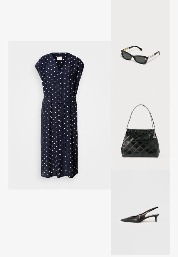 Vestido azul-marinho com bolinhas brancas, decote em V, mangas curtas, fecho de botões à frente e cintura ajustável com nó. Tecido fluido e leve.; Sandal de salto em pele preta com bico fino, salto delgado e um detalhe dourado perto da tira do tornozelo. Textura suave e design simples.; Swarovski Óculos de sol - black; Mala de mão preta em pele acolchoada com alça em corrente prateada, apresentando um design estruturado e textura lisa.