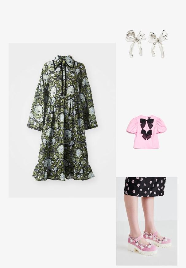 Φόρεμα με μακριά μανίκια και λουλουδάτο σχέδιο σε πράσινο, μαύρο και ανοιχτό μπλε. Διαθέτει γιακά, κουμπιά, μαζεμένη μέση και φρουτόκομπο στρίφωμα.; Ροζ μπλούζα κοντομάνικη με φουσκωτά μανίκια και δύο μεγάλες μαύρες κορδέλες στη μέση μπροστά, η καθεμία με ένα μικρό διακοσμητικό λίθιο.; Ροζ βελούδινες παπούτσια Mary Jane με λευκές σόλες πλατφόρμας, διακοσμημένα με λουλουδάτες εφαρμογές και λεπτομέρειες δαντέλας γύρω από το άνοιγμα και τη λωρίδα αστραγάλου.; Ασημένια σκουλαρίκια σε σχήμα τόξου με γυαλιστερή φινέτσα. Περιλαμβάνουν υφή στην επιφάνεια και καμπυλωτό σχέδιο, με κούμπωμα τύπου post-back.