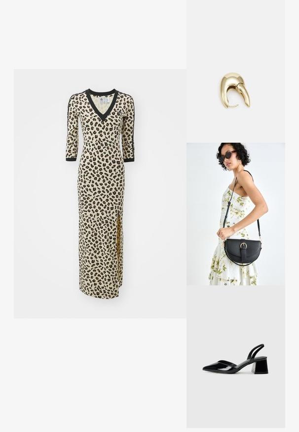 Lietuviško rašto maxi suknelė su V formos iškirpte, tris ketvirtadalius rankovėmis ir juodais akcentais. Yra šone plyšys, kuris suteikia judėjimo laisvę ir vizualinį intereso.; Juodos lakuotos odinės šlepetės su smailiu pirštu ir geometriniu bloko kulnu. Turi elegantišką, minimalistinį dizainą ir lygų paviršių.; Juodas odinis krepšys su išlenkta forma, nuimamu dirželiu ir auksiniais detalėmis. Krepšys turi kilpą su sagtimi.; Aukso tono metalinės auskarai su stilingu, kreiviu dizainu. Išsiskiria ryškiu smailiu pavidalu, poliruota paviršiumi ir užsegimu su vyriu.