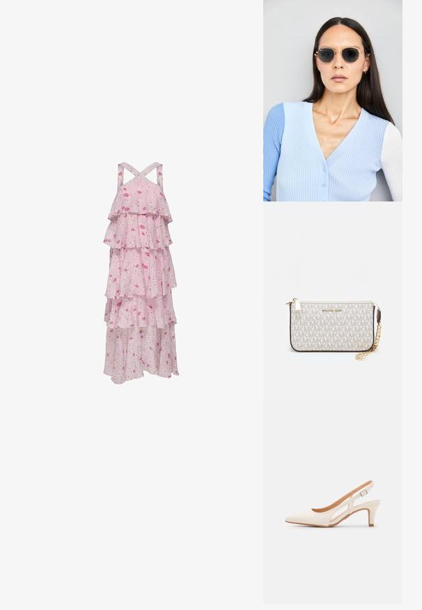 Rózsaszín, virágmintás maxi ruha réteges fodrokkal, állítható keresztpántokkal és kényelmes, könnyű anyagból.; Fehér slingback sarok, hegyes orral, sima felső anyaggal, alacsony blokk sarkával és oldalsó kivágott dizájnnal, állítható csatpánttal.; Kerek napszemüveg sötét lencsékkel és arany kerettel. A modellen világoskék, bordázott kardigán van gombokkal és kontrasztos fehér ujjaival.; Michael Kors bézs bevonatos vászon karkötő, amely ismétlődő MK logó mintával, aranyszínű fémrészletekkel és levehető lánchordóval rendelkezik.