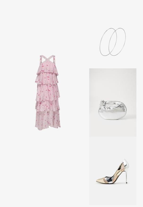 Roze maxi-jurk met bloemmotief, voorzien van gelaagde ruches, verstelbare kruiselings gespen en lichtgewicht stof voor comfort.; Puntige hoge hak schoenen met een zilver, goud en nude kleurenschema. Glanzende afwerking met uitsnijdingen en een stiletto hak.; Zilveren metalen pouch bag met een zachte, afgeronde vorm en een geknoopte sluiting aan de bovenkant. Gemaakt van soepel faux leren materiaal.; Zilveren hoepel oorbellen met een minimalistisch ontwerp. Cirkelvormig, gladde textuur en dun profiel. Lichtgewicht met een gepolijste afwerking.