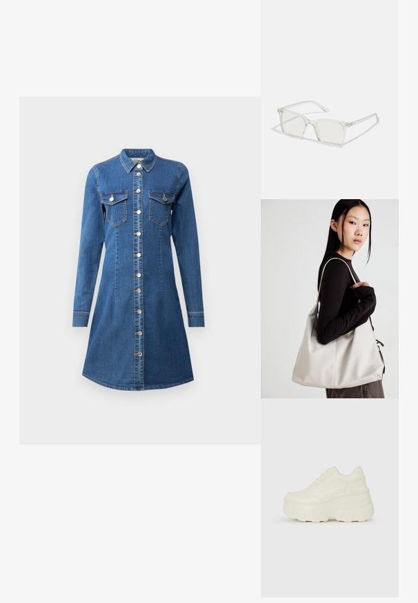 Vestido de camisa de ganga com mangas longas, frente de botões, colarinho pontudo, dois bolsos no peito e um corpo ajustado que se alarga na bainha.; Tênis brancos de plataforma com um cabedal suave semelhante a couro, formato arredondado, colarinho acolchoado e sola de borracha texturizada com ranhuras bem definidas.; Óculos quadrados de plástico transparente com lentes translúcidas, apresentando detalhes em dourado nas hastes.; Uma bolsa bege feita de material macio, com um design descontraído, detalhes de costura e duas alças para o ombro. Adequada para uso diário.