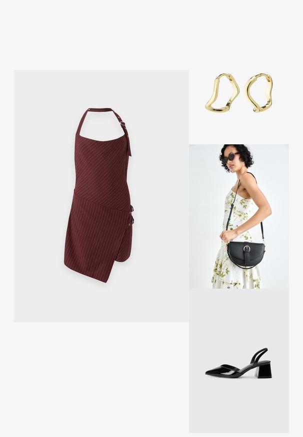 Bordo pregača s bijelim vertikalnim prugama, s halter izrezom, vezanjem i bočnim gumbima za prilagodljivo pristajanje. Izrađena od teksturirane tkanine.; Crne lakirane kožne sandale s otvorenom petom i špicastim vrhom, s geometrijskom blok petom. Imaju elegantan, minimalistički dizajn i glatku teksturu.; Crna kožna torba s lukovitim oblikom, odvojivim remenom i zlatnim detaljima. Torba ima preklop s kopčom.; Zlatne okrugle naušnice s fluidnim, valovitom dizajnom. Glatka površina, otvoreni oblik i bez vidljivih kopči. Minimalistički i moderni izgled.