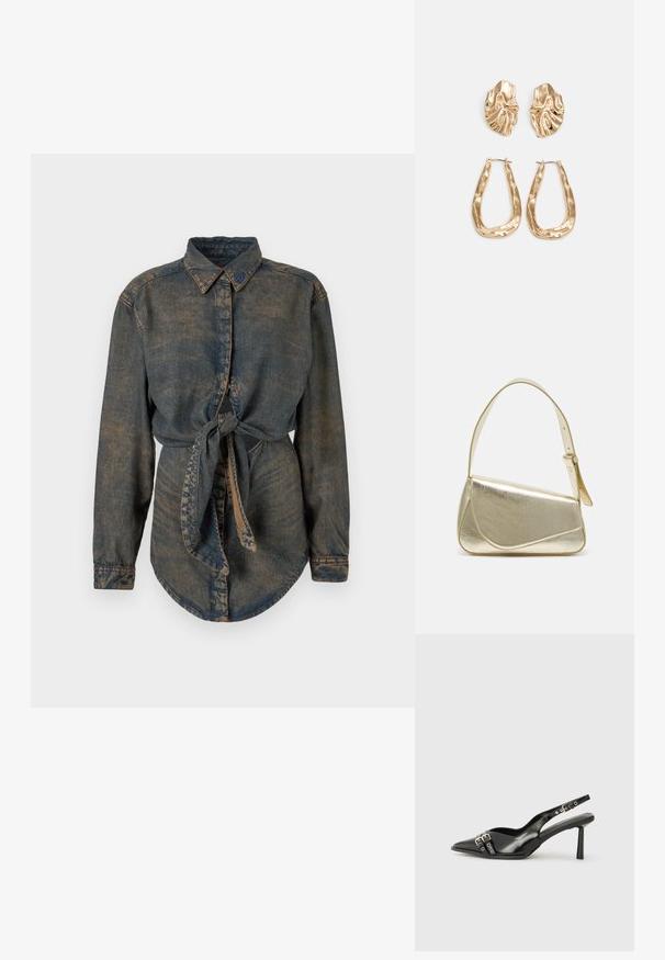 Cămașă din denim de culoare albastru închis, cu un finisaj ușor decolorat. Are un guler ascuțit, închidere cu nasturi și un detaliu legat în talie.; Pantofii slingback din piele lăcuită neagră, cu vârf ascuțit, bretele pentru gleznă cu catarame și accesorii din argint, și un toc subțire.; Geantă de umăr metalică aurie cu un design structurat, textură netedă și curea reglabilă. Prezintă o formă triangulară unică și cusături minimaliste.; Cercei aurii cu forme texturate și ondulate. Include studs sculpturale cu clip și un design de cerc deschis cu un finisaj cioplit.