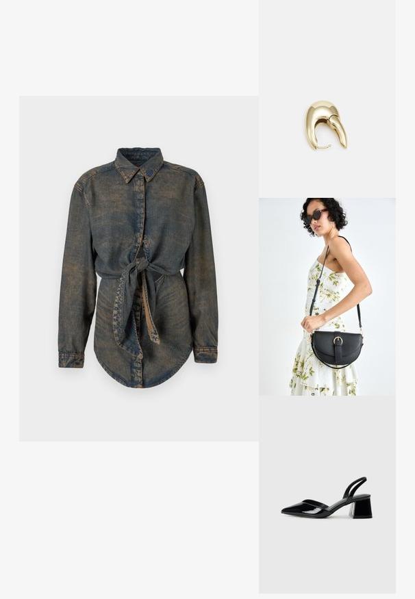 Jeansskjorta i mörkblått med en något blek finish. Har en spetsig krage, knappstängning och en knuten detalj vid midjan.; Svarta lackläder slingback klackar med spetsig tå och geometrisk klack. Har en elegant, minimalistisk design och slät yta.; Svart läderhandväska med en böjd form, avtagbar rem och guldiga detaljer. Väskan har ett lock med en spänndetalj.; Örhänge i guldtonad metall med en elegant, böjd design. Har en distinkt spetsig form, polerad yta och gångjärnslås.