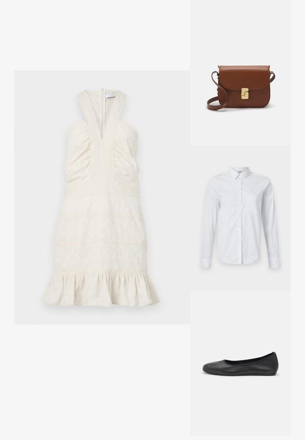 Kremasta, bez rukava haljina s dubokim V-izrezom i nabranim koritom, s horizontalnim šavovima i volanima na rubu. Patent zatvarač na leđima.; Bijela muška košulja dugih rukava napravljena od pamuka. Ima gumbasti prednji dio, izduženi ovratnik i džep na lijevoj strani.; Crne kožne baletanke s zaobljenim vrhom, glatke teksture, minimalnim detaljima šavova i fleksibilnim dizajnom potplata.; Smeđa kožna torba s preklopom, zlatnim detaljima, remenom za nošenje preko ramena i glatkom teksturom. Kompaktni pravokutni oblik.