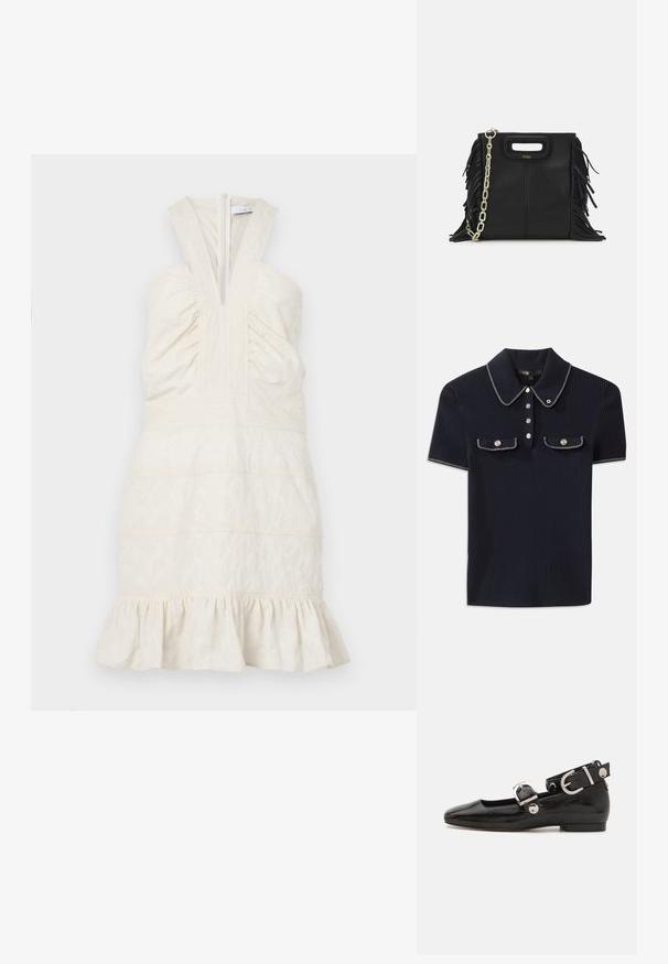 Krēms krāsas bezpiedurkņu kleita ar dziļu V veida kakla izgriezumu un savelktu krūšu daļu, ar horizontālām šuvēm un krokotu apakshmali. Ar rāvējslēdzēju aizmugurē.; Jūras spēku ribots polo krekls ar norādītu apkakli, īsām piedurknēm un divām priekšējām kabatām ar pogām; uzsvērts ar baltām šuvēm.; Melnas laika patenta ādas dzīvokļu kurpes ar kvadrātu purngalu, potītes siksna ar sudraba furnitūru un platu zoli. Gluda tekstūra ar minimālu dizainu.; Melna ādas rokassoma ar frizūras detaļām, zelta ķēdes plecu siksnu un izgrieztu rokturi. Ir logotipa novietojums priekšpusē.