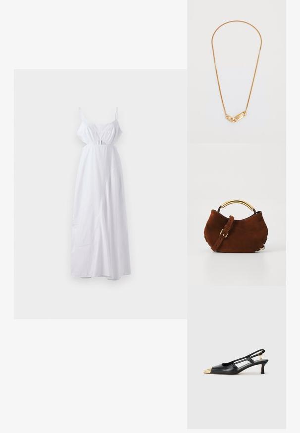 Bílá maxi šaty s tenkými ramínky, nařasený dekolt, výřez v pase, splývavý materiál a hladká textura.; Černá kožená sandálová bota s špičatou špičkou a zlatým kovovým špičákem. Obsahuje design s výřezy a štíhlý podpatek s nastavitelným páskem.; Hnědá semišová kabelka s zakřiveným zlatým madlem, nastavitelným popruhem a jemnou texturou. Má minimalistický design a žádné viditelné kovové prvky.; Zlatý řetízek na krk s propleteným designem a obdélníkovým zapínáním s vyrytými detaily. Hladký povrch, minimalistický styl.