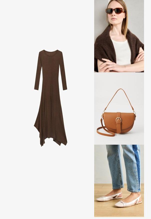 Brun langærmet kjole med en rund halsudskæring, svævende forneden og en asymmetrisk skæring. Fremstillet i blødt, let stof.; Lyserøde slingback flade sko med spidse tær, lavet af et glat læderlignende materiale. Har udskæringsdetaljer på siderne og en flad hæl.; Brune skildpadde-solbriller med vinklede rammer, mørke linser og metal detaljer. Båret med en cremet top og en mørk sjal.; Brun læder crossbody taske med en buet form, guldfarvet hardware og en spændeaccent. Har en aftagelig skulderrem.
