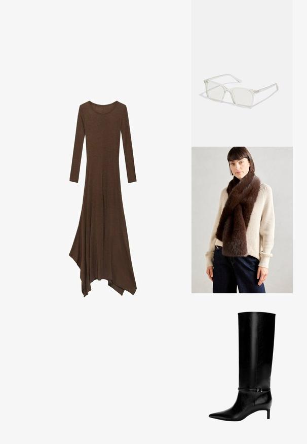 Hnedé dlhé rukávy šaty s okrúhlym výstrihom, voľným lemom a asymetrickým strihom. Vyrobené z jemnej, ľahkej tkaniny.; Čierne kožené čižmy po kolená s špicatou špičkou a malým opätkom. Obsahujú úzku pracku s kovovou sponou okolo členka. Hladký povrch.; Priehľadné plastové okuliare s námestovými rámami a priehľadnými šošovkami, s kultivovanými zlatými akcentmi na spánkoch pre zvýraznenie detailov.; Hnedý kožušinový šál nosený cez krémový sveter. Šál má mäkkú textúru a hrubý, objemný dizajn, ktorý elegantne splýva.