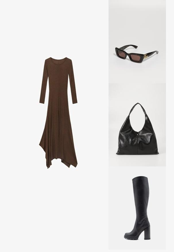 Ruskohaltu pitkähihaine mekko, jossa on pyöreä pääntie, hulmuava helma ja epäsymmetrinen leikkaus. Valmistettu pehmeästä, kevyestä kankaasta.; Mustat polvipituiset saappaat, sileää nahkaa, paksu korko, pyöreä kärki, kuvioitu pohja, jossa on pito, tyylikäs muotoilu ilman koristeluja.; Mustat kilpikonnaruudulliset aurinkolasit, joissa on suorakulmaiset linssit, ruskea sävy, paksu kehys ja kultainen tupla-G-logo yksityiskohta templeissä.; Mustapohjainen nahkalaukku, jossa on sileä ja kiiltävä pinta, leveä ja kaareva kantokahva sekä hillitty etupuolen poimutus metallinapituksella.; Kultaiset renkaat korvakorut, joissa on kilpikonnakuosiset hartsireunat, sileä pinta ja tyylikäs, pyöreä muoto.