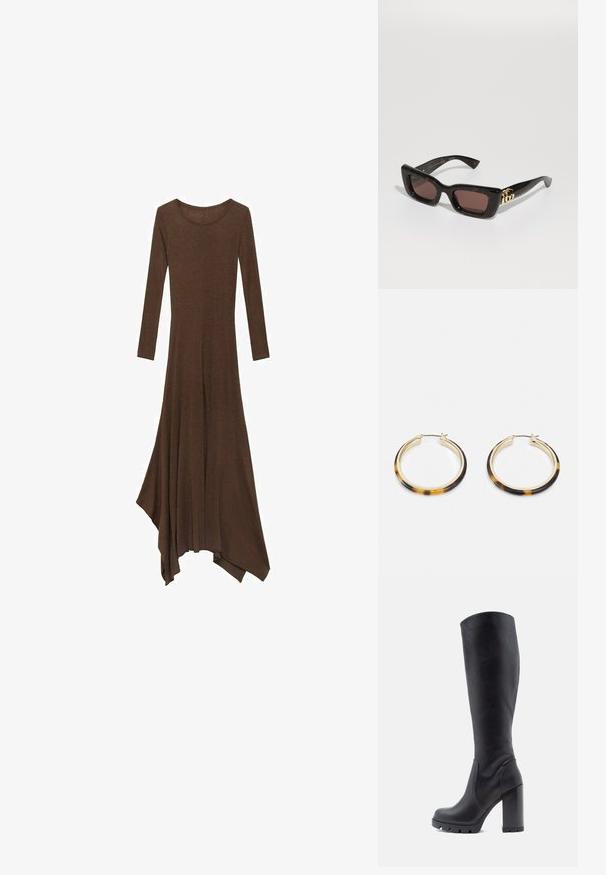 Brązowa sukienka z długim rękawem, okrągłym dekoltem, zwiewnym dołem i asymetrycznym krojem. Wykonana z miękkiego, lekkiego materiału.; Czarne kozaki do kolan, gładki materiał skórzany, masywny obcas, zaokrąglony nos, teksturowana podeszwa z przyczepnością, elegancki design bez ozdób.; Czarne okulary przeciwsłoneczne w kolorze tortoise z prostokątnymi soczewkami, brązowym zabarwieniem, grubą oprawką i złotym logo podwójnego G na zauszniku.; Złocone kolczyki w kształcie kół z zewnętrzną krawędzią pokrytą wzorem w muszki, charakteryzujące się gładkim wykończeniem i eleganckim, okrągłym kształtem.