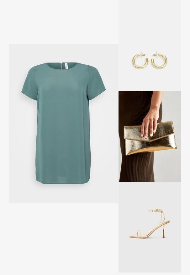 Μπλούζα κοντό μανίκι σε απαλό, υφασμάτινο ύφασμα. Ήσυχος γαλάζιος χρώμα με στρογγυλή κ neckline και φερμουάρ στην πλάτη. Ευθεία γραμμή που φτάνει στο μήκος του γοφού.; Χρυσά μεταλλικά ψηλοτάκουνα σανδάλια με τετράγωνη μύτη, λεπτό λουράκι στον αστράγαλο και κομψό, μινιμαλιστικό σχέδιο με γυαλιστερή φινίρισμα.; Χρυσή μεταλλική τσάντα clutch με λεία επιφάνεια, διαθέτει τριγωνική κλείσιμο. Το χέρι που την κρατά έχει καλοσχηματισμένα νύχια.; Χρυσά σκουλαρίκια κρίκοι με ομαλή, γυαλιστερή επιφάνεια. Κυκλικός σχεδιασμός που διαθέτει μια μικρή βάση και διαφανή στήριξη για ασφαλή χρήση.