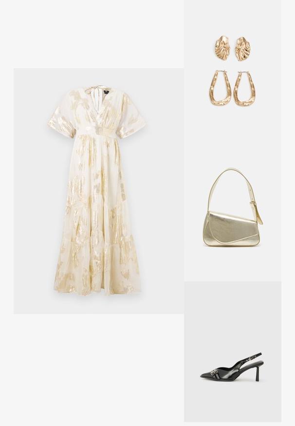 Mέγιστο φόρεμα από διαφανές ελαφρύ ύφασμα με αφηρημένα χρυσά σχέδια, V-λαιμόκοψη, κοντά μανίκια και φούστα σε επίπεδα. Κλείνει με κορδόνι στον λαιμό στο πίσω μέρος.; Μαύρο παπούτσι slingback από πατέντο δέρμα με μυτερή μύτη, λουράκια στον αστράγαλο που διαθέτουν ασημένιες αγκράφες και μεταλλικά στοιχεία, και λεπτό τακούνι.; Χρυσή μεταλλική τσάντα χειρός με δομημένο σχέδιο, λεία υφή και ρυθμιζόμενο λουρί. Διαθέτει μοναδικό τριγωνικό σχήμα και μινιμαλιστική ραφή.; Χρυσά σκουλαρίκια με υφή, κυματιστά σχήματα. Περιλαμβάνουν γλυπτικά κλιπ-σε σκουλαρίκια και σχέδιο ανοιχτού σκουλαρικιού με σφυρήλατη επιφάνεια.