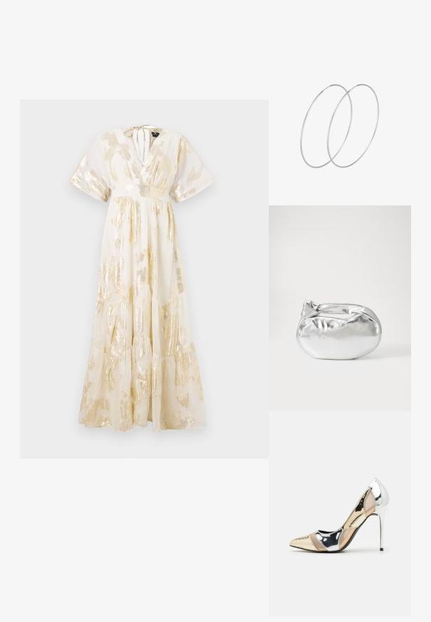 Maksi kleita no caura viegla auduma ar zelta folijas abstraktajiem rakstiem, V-veida dekoltē, īsām piedurknēm un vairākiem svārkiem. Sasaistās aizmugurē pie dekoltē.; Apspīlēta augstpapēžu kurpe ar zeltītu, sudrabi un neitrālu krāsu kombināciju. Spīguļojoša virsma ar izgriezuma dizainu, aprīkota ar stiletto papēdi.; Sudraba metāliska poga somiņa ar mīkstu, noapaļotu formu un mezgla augšējo aizdari. Izgatavota no gludas mākslīgās ādas materiāla.; Sudraba gredzenveida auskari ar minimālistisku dizainu. Cirkulāra forma, gluda tekstūra un plāns profils. Vieglu svaru ar spīdīgu apdari.