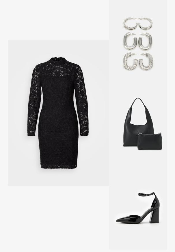 Juodas nėriniuotis suknelė su aukštu kaltiniu, ilgomis rankovėmis ir prigludusia siluetu. Pabrėžia sudėtingus gėlių raštus ir mygtukų akcentus ant rankovių.; Juodas lakinės odos aukštakulnis batelis su smailiu pirštu, kulkšnies dirželiu ir plačiu bloku, užtikrinančiu stabilumą, su lygiu blizgiu paviršiumi.; Even&Odd Rankinė - black; Keturi sidabrinių auskarų poros: du blizgūs lygaus žiedo dizainai, vienas tekstūruotas ir vienas padengtas mažomis skaidriomis cirkonio akmenėliais.