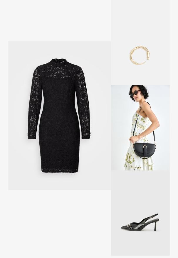 Crna čipkasta haljina s visokim izrezom, dugim rukavima i prilagođenim siluetom. Sadrži složene cvjetne uzorke i gumbe kao ukrase na manžetama.; Crna lakirana slingback cipela s izduženim vrhom, remenčićima oko gležnja s srebrnim kopčama i dijelovima, te vitkim potplatom.; Crna kožna torba s lukovitim oblikom, odvojivim remenom i zlatnim detaljima. Torba ima preklop s kopčom.; Prsten u zlatnoj nijansi s organskim, uvijenim dizajnom, glatkom teksturom i suženim krajevima, koji stvara moderan, skulpturalni izgled.