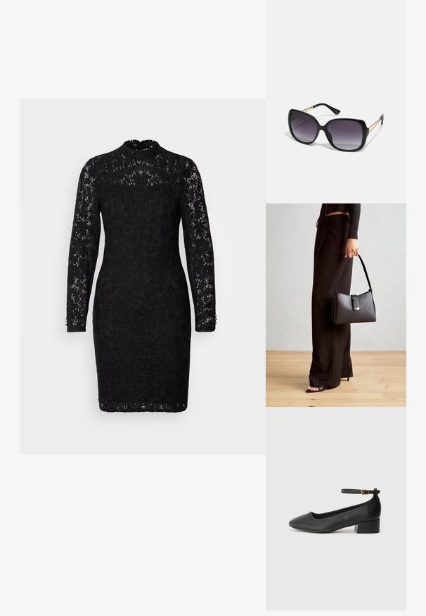 Robe en dentelle noire avec un col montant, des manches longues et une silhouette ajustée. Présente de délicats motifs floraux et des accents de boutons aux poignets.; Escarpin en cuir noir avec un bout pointu et un petit talon bloc. Doté d'une bride de cheville avec une boucle dorée. Texture lisse.; Lunettes de soleil noires surdimensionnées avec des verres dégradés, monture épaisse et détails en chaîne dorée sur les branches.; Sac à main noir à la forme structurée, texture lisse et fermoir métallique. Associé à un pantalon noir ample et des sandales ouvertes sur un sol en bois.