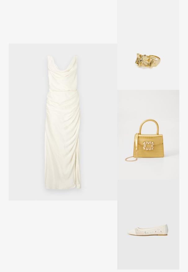 Cowl-Neck-Kleid aus cremefarbenem Stoff, mit drapierten Details, einer taillierten Silhouette und einem seitlichen Schlitz bis zur Oberschenkelhöhe.; Spitz zulaufende Ballerinas aus cremefarbenem Leder mit transparentem Obermaterial, verziert mit verstreuten Strasssteinen. Weiche Sohle für Komfort, minimalistische Gestaltung.; Gelbe Kunstleder-Handtasche im Krokodil-Look mit strukturiertem Design, Obergriff, abnehmbarem Kettenriemen und dekorativer Kristallverzierung am Verschluss.; Goldring mit strukturiertem, wellenförmigem Design, das drei markante Spitzen aufweist. Glatte, glänzende Oberfläche mit einem offenen Band für einen verstellbaren Sitz.; Goldring mit strukturiertem, wellenförmigem Design, das drei markante Spitzen aufweist. Glatte, glänzende Oberfläche mit einem offenen Band für einen verstellbaren Sitz.