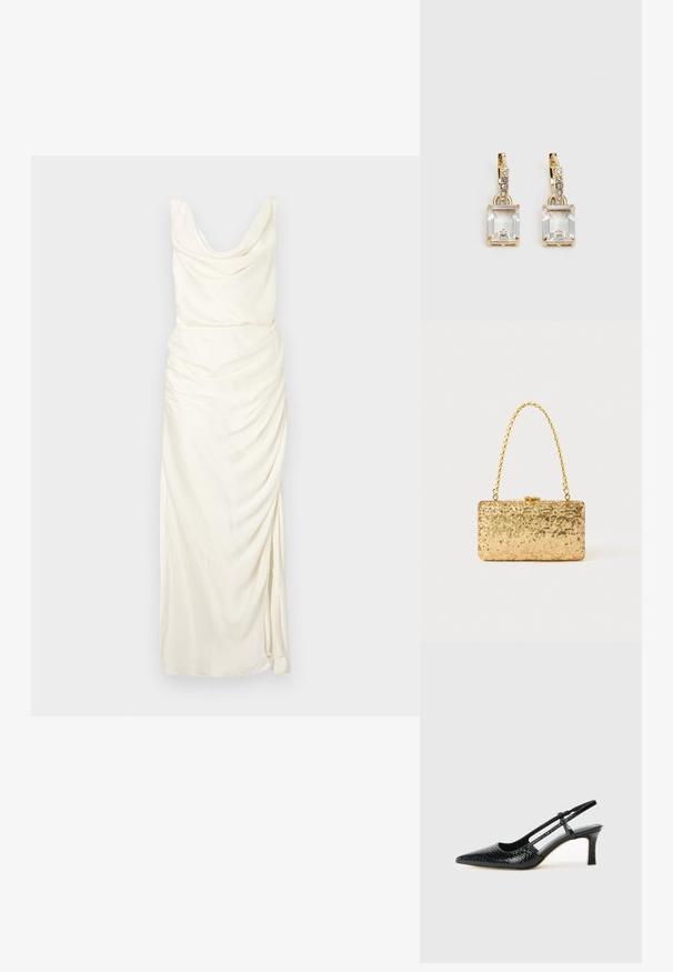 Rochie cu guler tip cowl dintr-un material alb-crem, având detalii drapate, o siluetă ajustată și o fanta la coapsă pe o parte.; Pantofi cu toc slingback negri din patent, cu vârf ascuțit, cu imprimeu de șarpe texturat, curea ajustabilă și toc scurt texturat.; Clutch din paiete aurii, cu o formă rectangulară, având un mâner din lanț croit și o închidere cu clapetă metalică, reflectând lumina cu un finisaj texturat.; Cercei aurii care prezintă un cristal clar, rectangular, suspendat sub un rând de accente mici, rotunde, clare. Design elegant și modern.