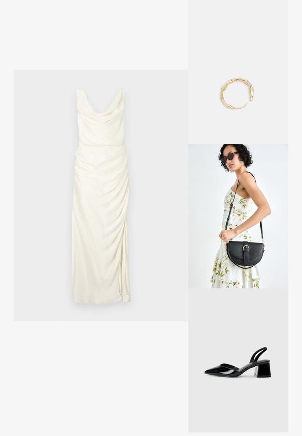 Abito con collo a cappuccio in tessuto bianco sporco, caratterizzato da dettagli drappeggiati, una silhouette aderente e uno spacco alta coscia su un lato.; Décolleté in vernice nera con punta affusolata e tacco in geometria cubica. Presentano un design elegante e minimalista, con una texture liscia.; Borsa a tracolla nera in pelle con una forma curva, manico rimovibile e accessori dorati. La borsa presenta una patta con un dettaglio a fibbia.; Anello in tono oro con un design organico e Twisted, caratterizzato da una superficie liscia e punte affusolate, che crea un aspetto moderno e scultoreo.