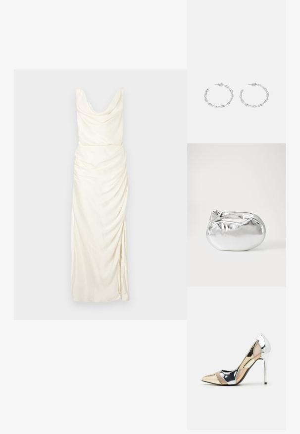 Klänning med krage i off-white tyg, med draperade detaljer, en figursydd silhuett och ett högt avslits på ena sidan.; Spetsig tå högklackad sko med en färgpalett av silver, guld och nude. Glansig yta med utskärningsdesign, utrustad med en stilettklack.; Silverfärgad metallisk påse med en mjuk, rundad form och en knutstängning upptill. Tillverkad av ett mjukt material i konstläder.; Silverörhängen med en vriden design som har en blank yta och bakåtlås. Mått ca 3 cm i diameter.
