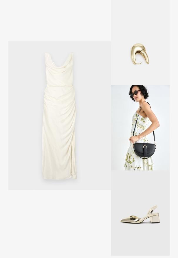 Cowl-neck dress in off-white fabric, featuring draped detailing, a fitted silhouette, and a thigh-high slit on one side.; Gold, metallic slingback heels with a pointed toe and chunky heel. Smooth texture, minimalistic design, and a narrow strap.; Black leather handbag with a curved shape, detachable strap, and gold hardware. The bag features a flap with a buckle detail.; Gold-tone metal earring with a sleek, curved design. Features a distinctive pointed shape, polished surface, and hinge closure.
