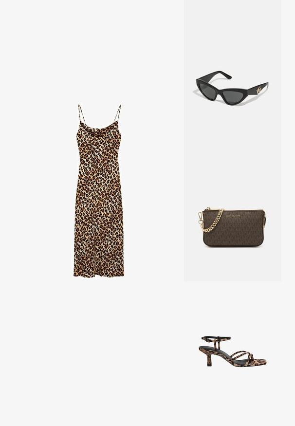 Rochie tip slip cu imprimeu leopard, cu bretele subțiri, având un decolteu drapat și o siluetă fluidă, realizată dintr-un material moale și ușor.; Sandale cu toc leopard, cu vârf pătrat, multiple curele și toc de înălțime medie. Fabricate dintr-un material textil moale.; Ochelari de soare tip cat-eye cu un cadru din plastic mat de culoare neagră, lentile întunecate și un accent de logo aurit pe tâmple. Design unghiular și textură netedă.; Geantă de umăr din piele maro, cu model logo, curea cu lanț aurit, închidere cu fermoar și accente aurii. Formă compactă și rectangulară.