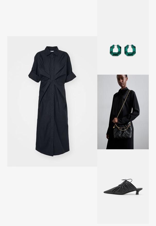 Zwarte shirtjurk met korte opgerolde mouwen, knopen aan de voorkant en gedraaid stofdetail bij de taille, gemaakt van lichtgewicht stof.; Zwarte leren instappers met een spitse neus, gegatherde textuur en een kleine kittenhiel. Heeft een trekkoorddetail aan de opening.; Zwarte gewatteerde leren handtas met een gathered bovenkant, gouden kettinghengsel en een rechthoekige vorm, vastgehouden tegen een effen achtergrond.; Groene acrylaat haakjes in een achtzijdige vorm met facetteerde randen, voorzien van een metalen sluiting voor bevestiging.