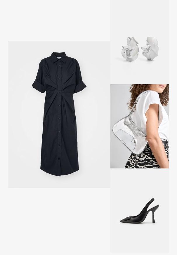 Vestito camicia nero con maniche corte arrotolate, chiusura a bottoni e dettaglio di tessuto attorcigliato in vita, realizzato in un tessuto leggero.; Scarpa a slingback nera in pelle con punta affilata, tacco alto e sottile, e un accentuato adorabile fiocco decorativo. Texture liscia e design elegante.; Borsa a spalla metallica argento con una texture liscia, design curvo, tracolla a catena e un pannello frontale lucido con una sottile incisione del logo.; Orecchini d'argento con un design a spirale fluente. Texture liscia con una finitura lucida. Presentano una leggera lucentezza e nessun abbellimento visibile.