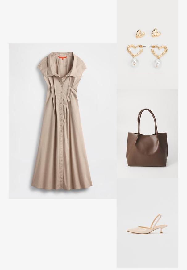 Beige kjole med knapper, krave, korte ærmer og plisseret front. Lavet af letvægtsstof, med et flydende skørt og sidesplitter.; Beige patenteret læder slingback høje med spids tå og en slank, firkantet hæl. Glat tekstur og minimalistisk design uden udsmykninger.; Brun læder tote taske med to lange håndtag, struktureret form, glat tekstur og minimalistisk design. Ingen synligt hardware eller accenter.; Guldtonede hjerteformede øreringe med en tekstureret overflade, prydet med en hængende perleaccent. Inkluderer matchende hjerteformede studs.
