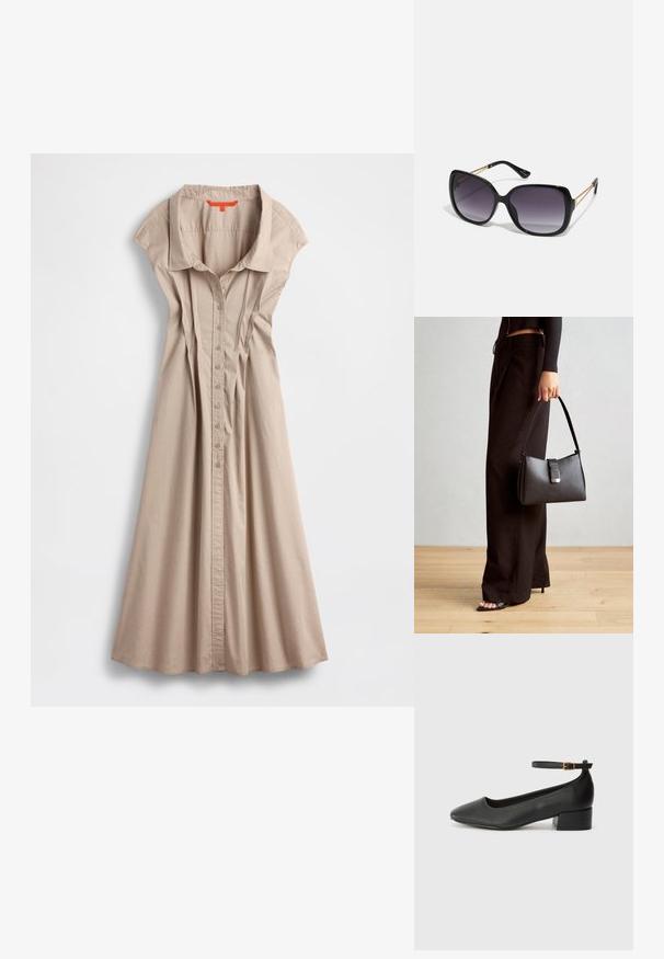 Beige klänning med knappar framtill, krage, korta ärmar och veckad fram. Gjord av lätt tyg, med en flödande kjol och sidorevor.; Svart läderpump med spetsig tå och en låg klack. Har en ankelsnodd med en guldtonad spänne. Slät textur.; Svarta överdimensionerade solglasögon med gradientlinser, tjocka bågar och kedjedetaljer i guldton vid tempelarmarna.; Svart handväska med strukturerad form, slät yta och metallspänne. Matchad med vida svarta byxor och sandaler med öppen tå på trägolv.