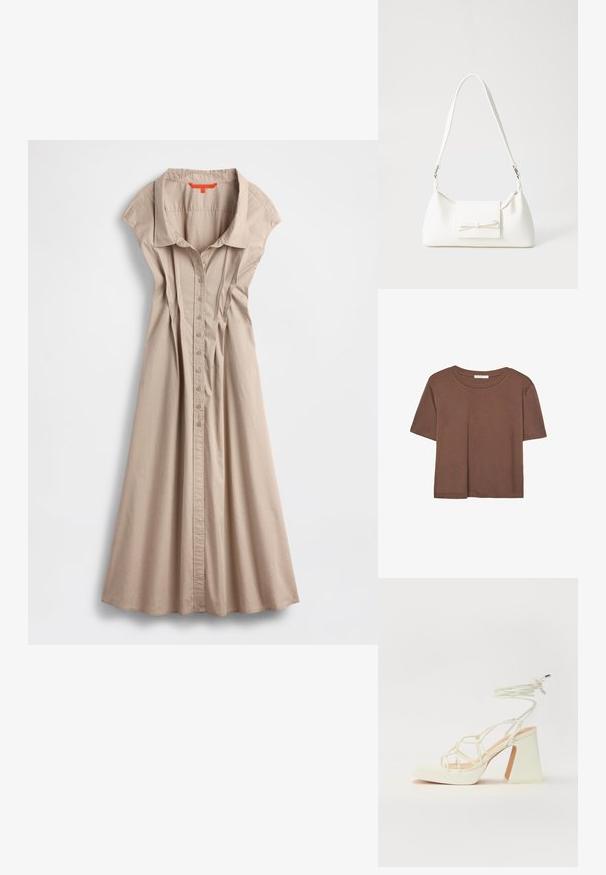 Beige kjole med knapper, krave, korte ærmer og plisseret front. Lavet af letvægtsstof, med et flydende skørt og sidesplitter.; Brun kortærmet t-shirt lavet af blødt stof, med rund halsudskæring og afslappet pasform. Ingen synlige mønstre eller detaljer.; Hvide højhælede sandaler med en kraftig hæl, der har et stropdesign og ankelbinding. Glat tekstur med en platform foran for ekstra højde.; Hvid syntetisk håndtaske med en trekantet form, flad forsideklap og sløjfedetalje, justerbar strop, glat tekstur og minimalistisk design.