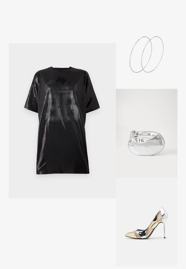 Melnas sieta T-krekls ar brīvu piegriezumu, apaļo kakla izgriezumu un "Glorious 36" grafiku spīdīgā melnā drukā priekšpusē.; Apspīlēta augstpapēžu kurpe ar zeltītu, sudrabi un neitrālu krāsu kombināciju. Spīguļojoša virsma ar izgriezuma dizainu, aprīkota ar stiletto papēdi.; Sudraba metāliska poga somiņa ar mīkstu, noapaļotu formu un mezgla augšējo aizdari. Izgatavota no gludas mākslīgās ādas materiāla.; Sudraba gredzenveida auskari ar minimālistisku dizainu. Cirkulāra forma, gluda tekstūra un plāns profils. Vieglu svaru ar spīdīgu apdari.