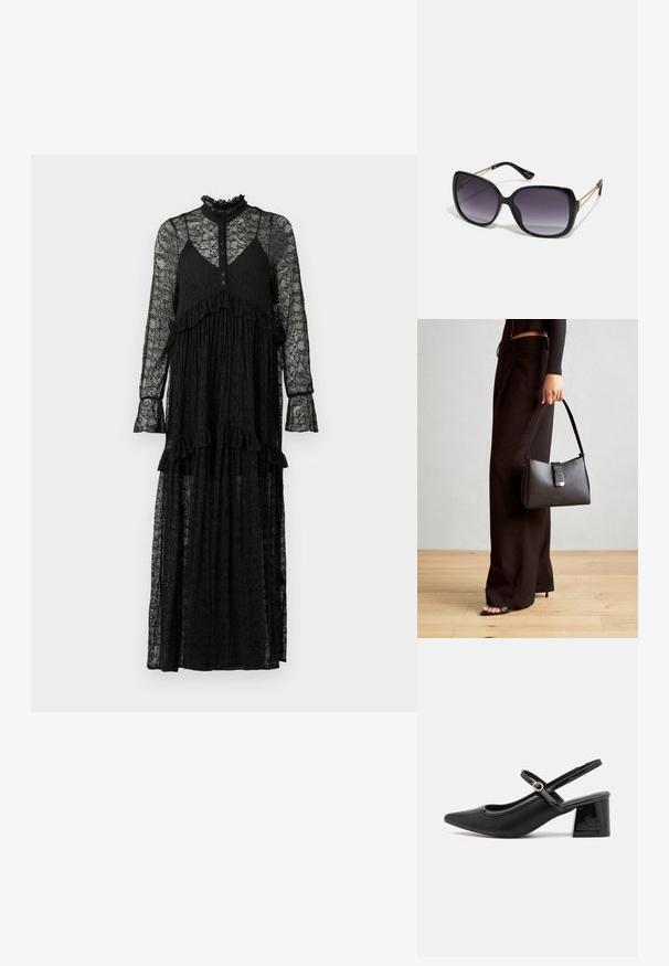 Mustmustsukleit pikkade varrukatega, volangide aktsentidega, nööpide ees, kõrge krae ja voolav siluett. Läbipaistev tekstuur keerukate mustritega.; Mustad läikivad nahast slingback-kõrged kontsad, millel on terav nina, ümar lõikekujundus ja blokknina. Omab kuldset nupu aktsenti.; Mustad ümarad päikeseglaasid, millel on gradient objektiivid, paksud raamid ja kuldse tooni kettaga kaunistused tempelitel.; Must musta kott, millel on struktureeritud kuju, sile tekstuur ja metallist klamber. Kombineeritud laiate mustade pükstega ja avatud varvaste sandaalidega puidust põrandal.