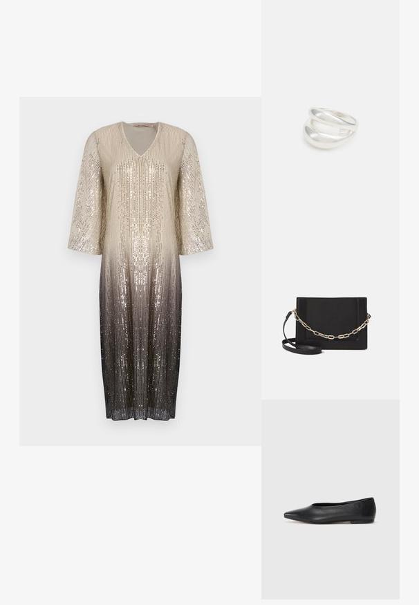 Spīdīga kleita ar V veida izgriezumu un trīs ceturtdaļām garām piedurknēm, ar ombre gradientu no zelta līdz melniem spīdumiem, radot teksturētu virsmu.; Melna ādas baleta kurpe, ar norādītu purngalu, minimālisma dizains, gluda tekstūra, zema papēža augstums, bez redzamiem aksesuāriem vai rotājumiem.; Melna ādas crossbody soma ar gludu faktūru, taisnstūrveida formu un metalizētu ķēdes detaļu priekšā. Iekļauta regulējama siksna.; Sudraba divu joslu gredzens ar gludu, pulētu virsmu. Iezīmējas ar plūstošu, izliekta dizaina struktūru ar pārklājošām sekcijām modernam izskatam.