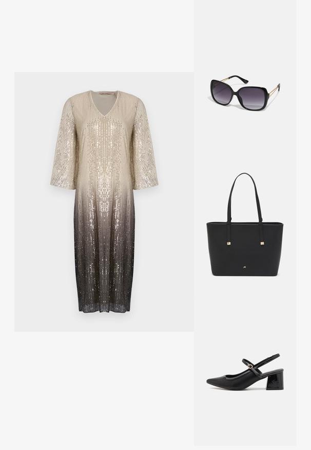 Spīdīga kleita ar V veida izgriezumu un trīs ceturtdaļām garām piedurknēm, ar ombre gradientu no zelta līdz melniem spīdumiem, radot teksturētu virsmu.; Melns patentēts ādas sandales ar norādīta pirksta formu, noapaļotu izgriezuma dizainu un bloķētu papēdi. Iezīmēta ar zelta toņa sprādzi.; Melni pārmērīgi lieli saulesbrilles ar gradāciju lēcām, biezām rāmja malām un zeltainas krāsas ķēžu detaļām uz tempļiem.; Melnā somiņa, kas izgatavota no sintētiska materiāla, ar vienkāršu taisnstūra formu, zelta kvadrātveida akcentiem un divām rokturiem.