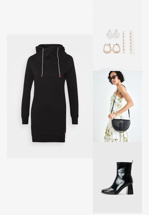 ONLY ONLBETTE - Jurk - black; Zwarte, gepatineerde enkellaars met een vierkante neus en een chunky geometrische hak. De laars heeft een gladde, glanzende textuur en een achterste trekband voor eenvoudig aan- en uittrekken.; Zwarte leren handtas met een gebogen vorm, afneembare schouderband en gouden hardware. De tas heeft een klep met een gespsluiting.; Drie paar oorbellen: grote witte parelstuds, gouden hoepels met heldere edelstenen, en twee lange, rechte gouden accentoorbellen met sprankelende details.