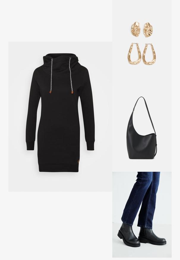 ONLY ONLBETTE - Dnevna haljina - black; Crne kožne gležnjače s debelim potplatom i bočnim elastičnim panelima, uparene s tamnoplavim trapericama. Podlogu čini svijetla boja.; Crna kožna hobo torba s glatkom teksturom, zakrivljenim oblikom i jednom podesivom trakicom; ima širok otvor na vrhu.; Naušnice zlatne boje s teksturiranim, valovitim oblicima. Uključuju skulpturalne kopče i dizajn otvorene kružnice s kovanom završnom obradom.