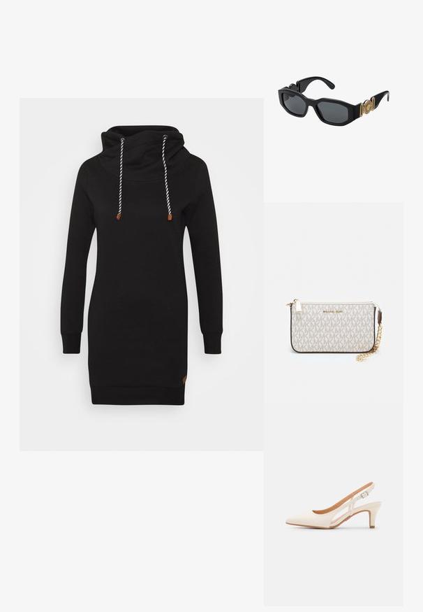 ONLY ONLBETTE  - Φόρεμα ημέρας - black; Λευκή γόβα slingback με μυτερή μύτη, λείο υλικό επάνω, χαμηλό τετράγωνο τακούνι και σχέδιο με κοπή στο πλάι με ρυθμιζόμενο λουρί κουμπώματος.; Μαύρα γυαλιά ηλίου με χοντρό γεωμετρικό σκελετό, σκούρους φακούς και χρυσές μεταλλικές λεπτομέρειες στους βραχίονες που διαθέτουν στρογγυλή έμβλημα.; Πορτοφόλι Michael Kors σε μπεζ επεξεργασμένο καμβά με επαναλαμβανόμενο μοτίβο λογοτύπου MK, χρυσές λεπτομέρειες και αποσπώμενη αλυσίδα.